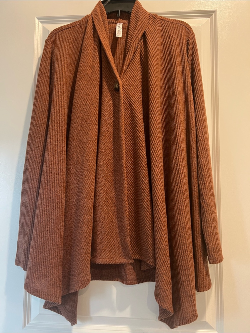 Dear Scarlett Ribbed Kbit Shawl Collar Draped Cardigan in Rust Brown